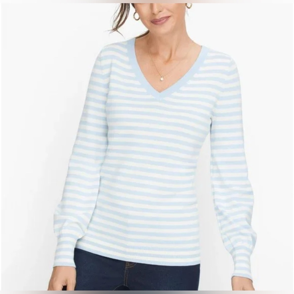 Talbot’s Blue White Striped Long Sleeve V Neck Cotton Spring Casual Sweater